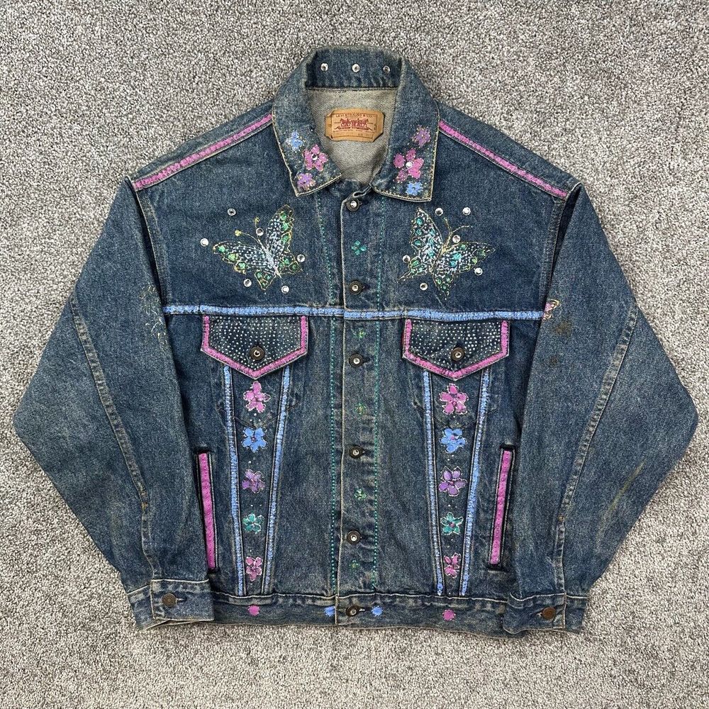 Vintage Levis Denim Jacket Mens XS Trucker Butterfly Studded Art 70507-0218